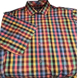 Leo Chevalier Colorful Plaid Short Sleeve Button Down Shirt Size 2XL Tall